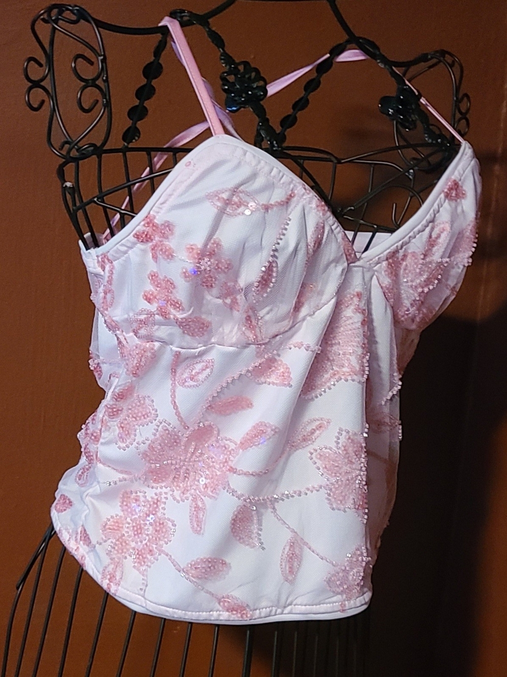 Embroidered Pink Sequin Cami Tank Top